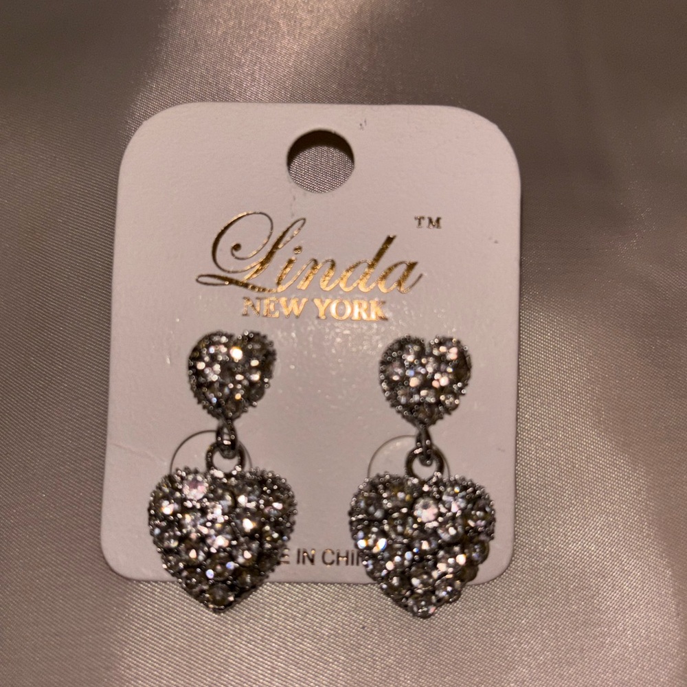 NWT Silver Double Heart Crystal Dangle Earrings